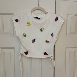 Zara White Top with Colorful Fruit Embroidery